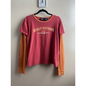 Harley Davidson HD Womens Red Orange Rhinestone Logo Long Sleeve T-shirt Sz XL
